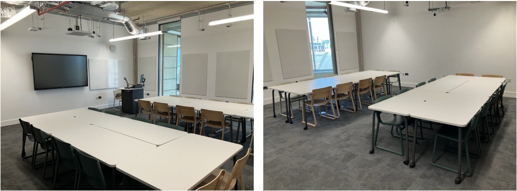 Classroom with tables and chairs.